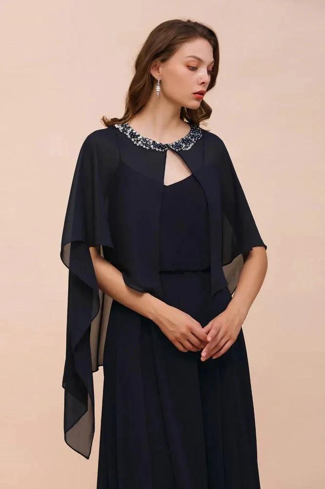 Navy Blue Bridesmaid Dress with Beading Wraps Floor Length Chiffon Maid of Honor Dress by misshow.com