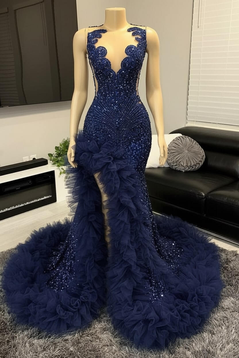 V-neck Prom Dress Orange Beaded Tulle Ruffles Sequin Formal Evening Party Dress