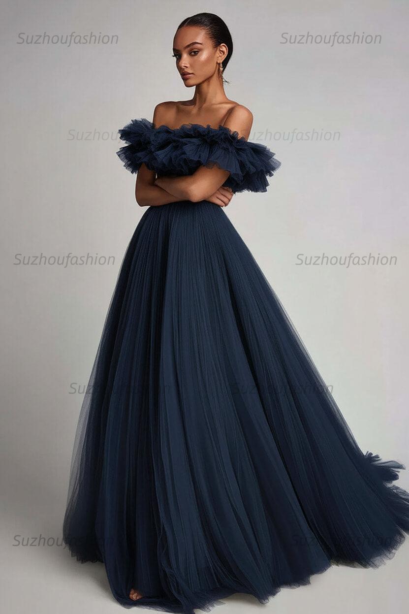 Dusty Sage Prom Dress Tulle A Line Long Formal Dress With Ruffles