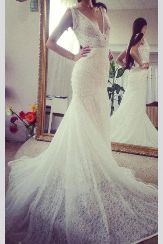 Neck Sleeveless Pretty Mermaid Gown With Deep V Back Long Lace Elegant Wedding Dresses (ZD14726)