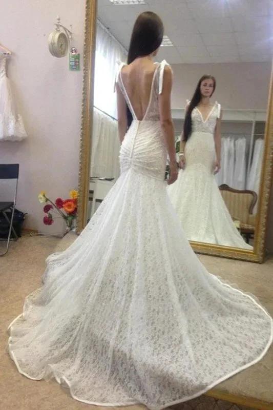 Neck Sleeveless Pretty Mermaid Gown With Deep V Back Long Lace Elegant Wedding Dresses (ZD14726)