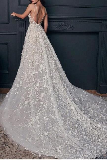 Nectarean V-Neck Sleeveless A-Line Floor-Length Lace Wedding Dresses with Chapel Train (ZD14670)