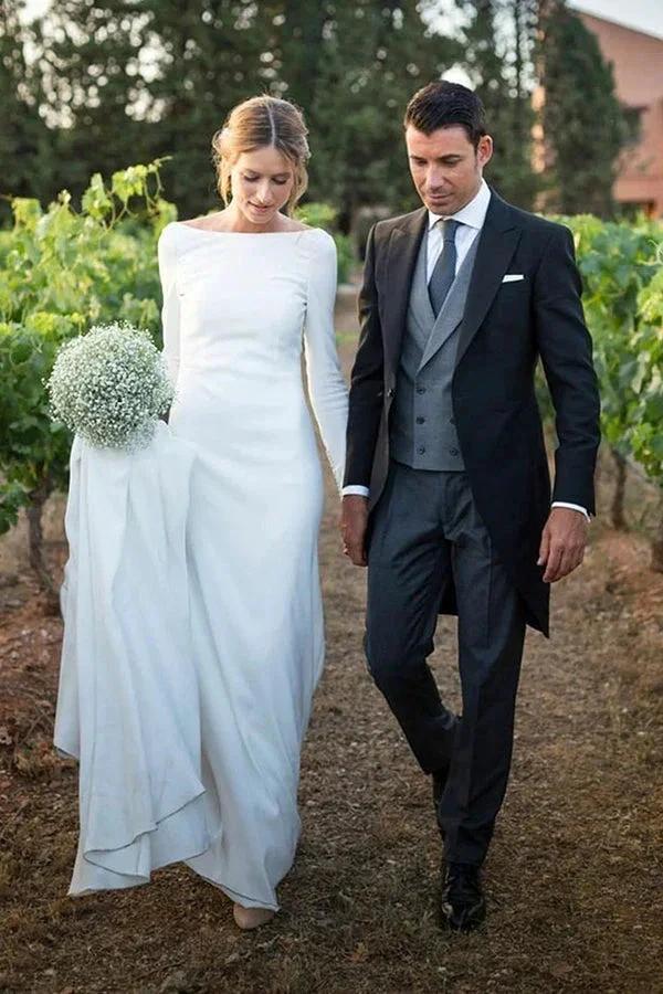 New Arrival Bateau Long Sleeves Designer Wedding Dress (ZD13839)