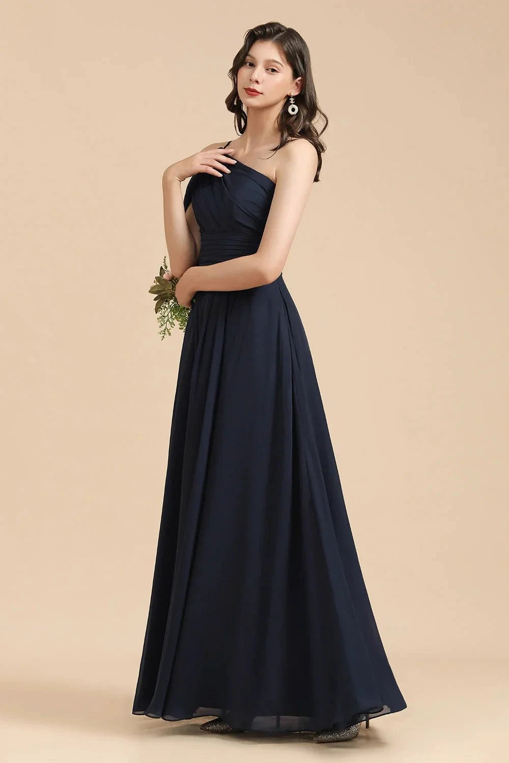 New Arrival Black One Shoulder A-line Long Bridesmaid Dress (ZD12877)