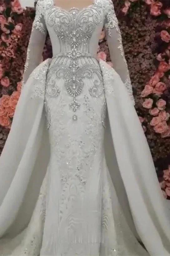 New Arrival Long Sleeves Mermaid Wedding Dress with Overskirt (ZD16604)