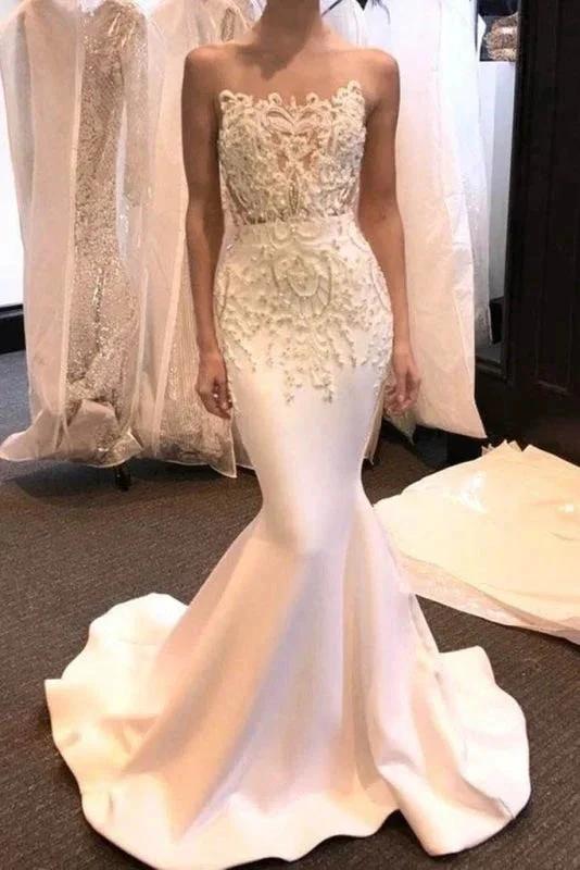 New-Arrival Sheer Neck Sleeveless Sweep Train Satin Pretty Mermaid Elegant Wedding Dresses (ZD14731)