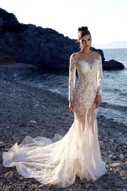 New Long Mermaid Lace Wedding Dresses With Long Sleeves (ZD14615)