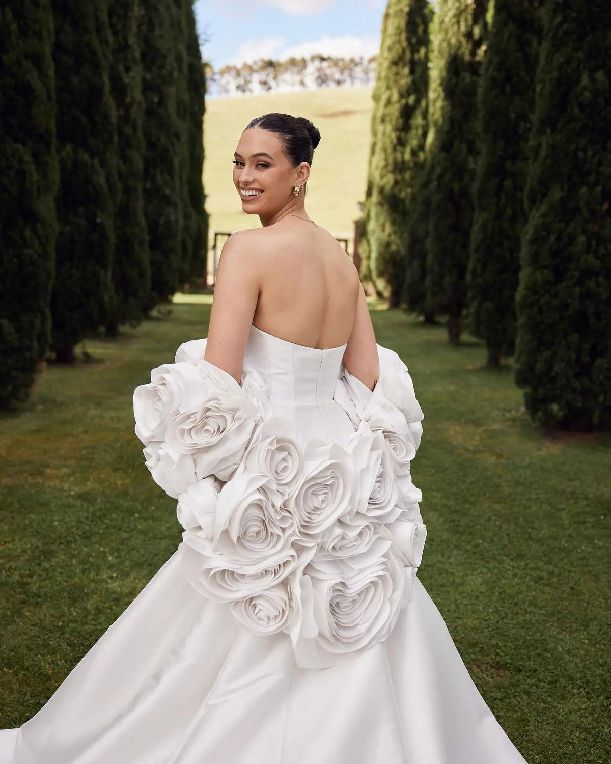 Ivory  Satin Mermaid Wedding Dress 3D Giant Rose Floral With Veil  ZP034