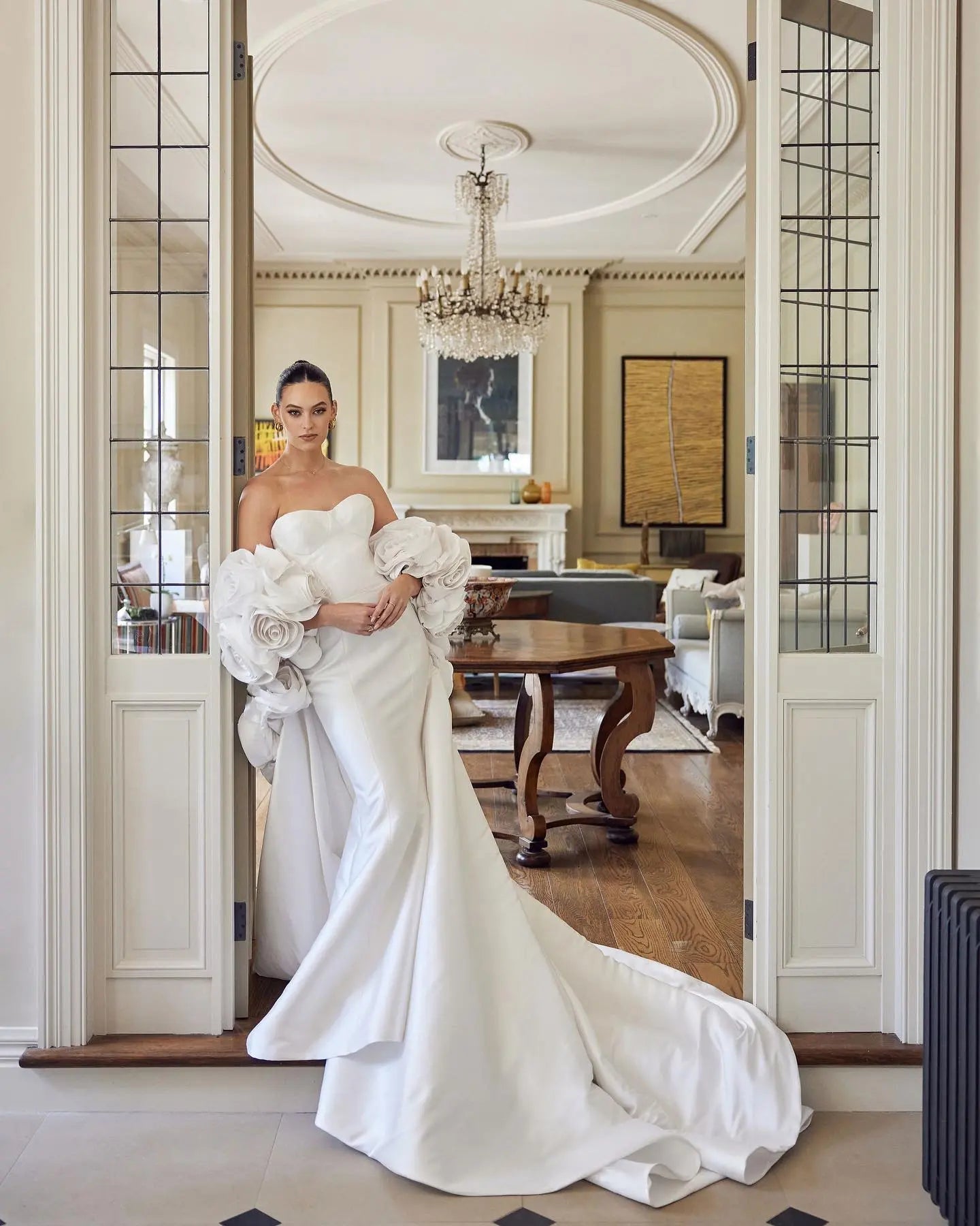 Ivory  Satin Mermaid Wedding Dress 3D Giant Rose Floral With Veil  ZP034