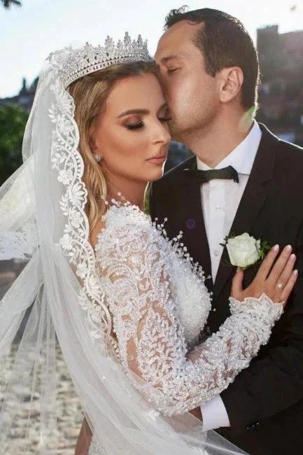 Noble vneck longsleeves mermaid lace Wedding dresses (ZD14879)