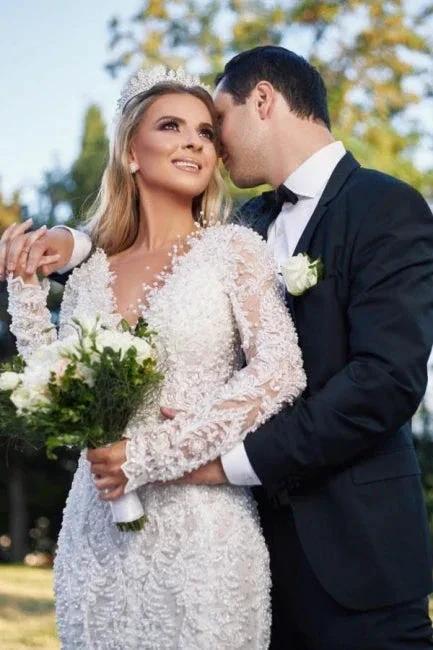 Noble vneck longsleeves mermaid lace Wedding dresses (ZD14879)