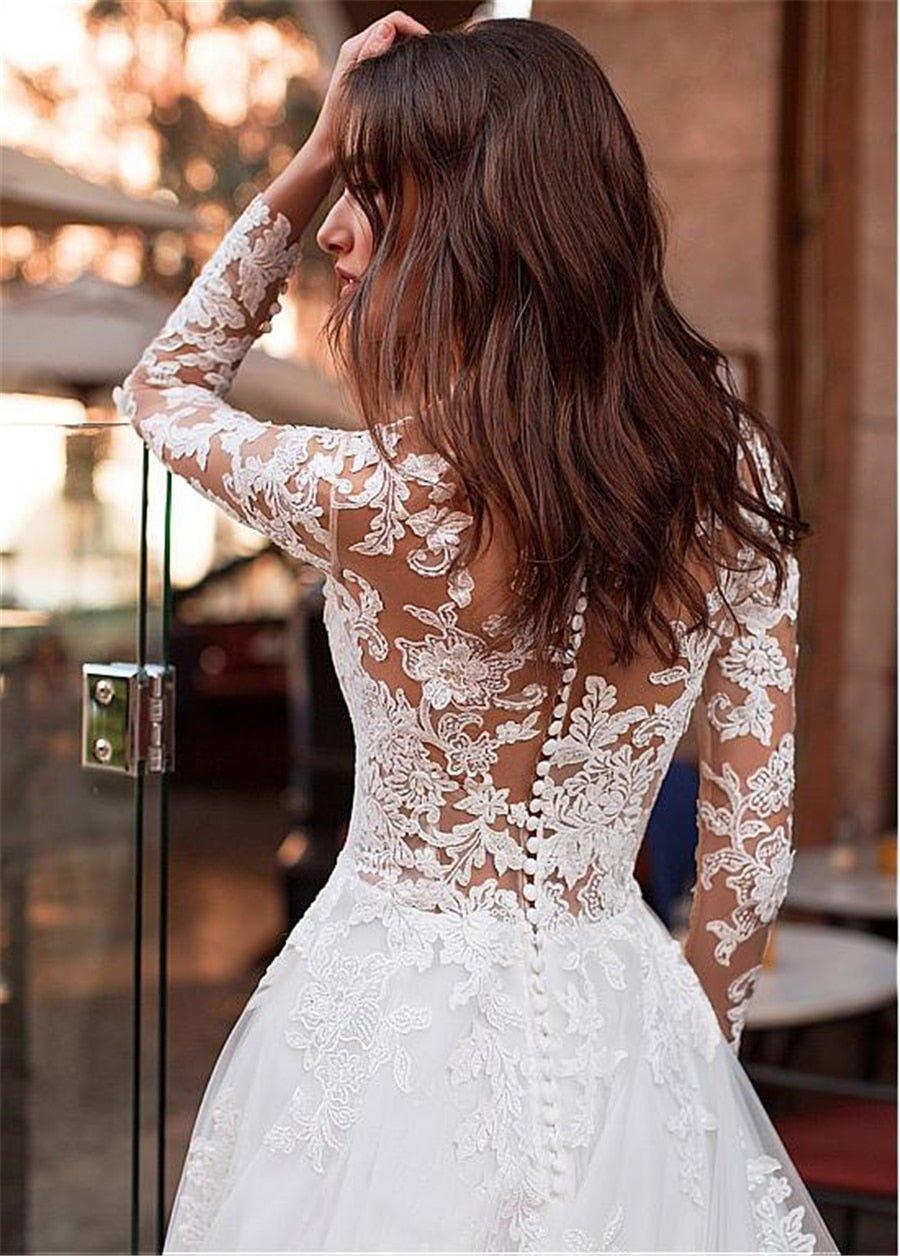 Sunnderly Attractive Tulle Jewel Neckline See-through Bodice A-line Wedding Dress With Lace Appliques & Beadings Long Sleeves Bridal Dress