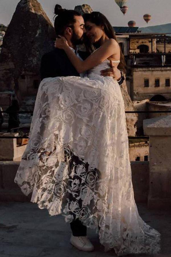 Charming Ivory Lace Floor Length V Neck Long Wedding Dresses on Line