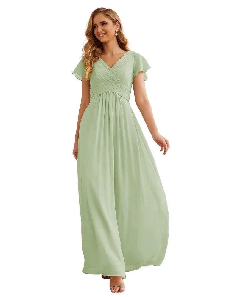 Numbersea Chiffon Bridesmaid Dress Cap Sleeves Maxi Prom Gowns Party Wedding Mother of The Bride Dresses for Women SEA28047 by numbersea