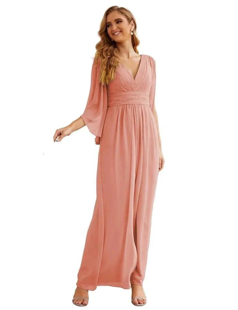 Numbersea Chiffon Bridesmaid Dresses with Split for Women Wedding Long Party Prom Gown Flutter Sleeve SEA28045 by numbersea