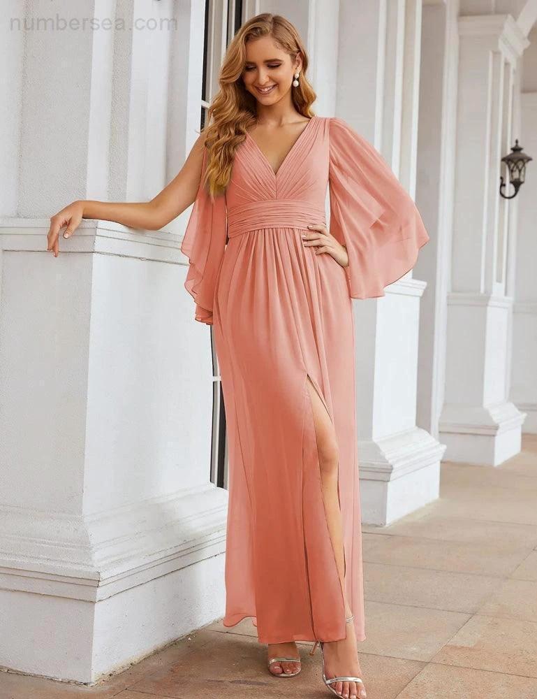 ZapDress Chiffon Bridesmaid Dresses with Split for Women Wedding Long Party Prom Gown Flutter Sleeve (ZD17034)