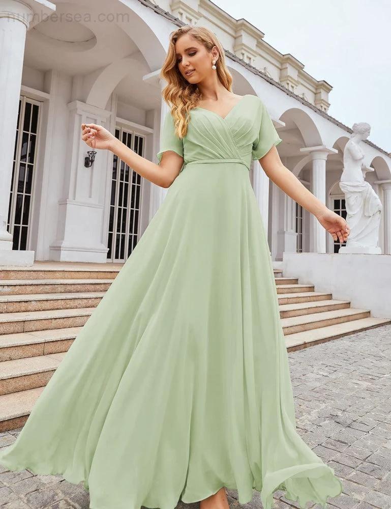 ZapDress Wrap V-Neck Chiffon Bridesmaid Dresses Long Formal Maxi Evening Gown for Wedding Guests (ZD17056)