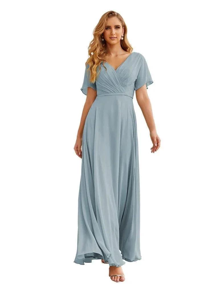 Numbersea Wrap V-Neck Chiffon Bridesmaid Dresses Long Formal Maxi Evening Gown for Wedding Guests SEA28049 by numbersea