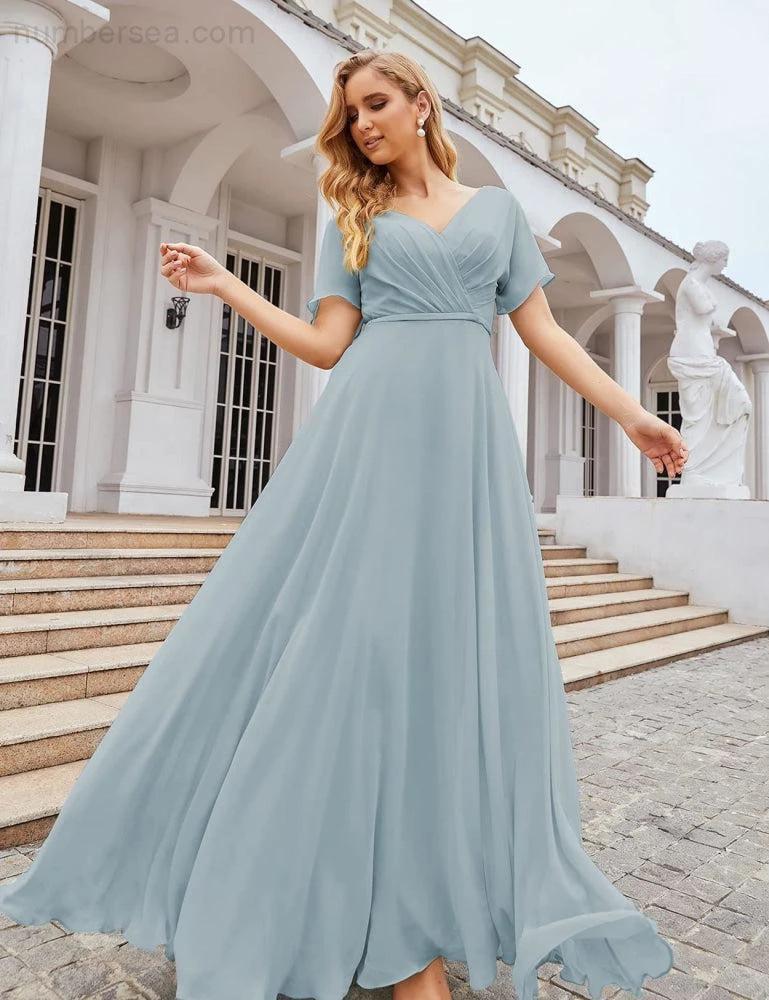 ZapDress Wrap V-Neck Chiffon Bridesmaid Dresses Long Formal Maxi Evening Gown for Wedding Guests (ZD17056)