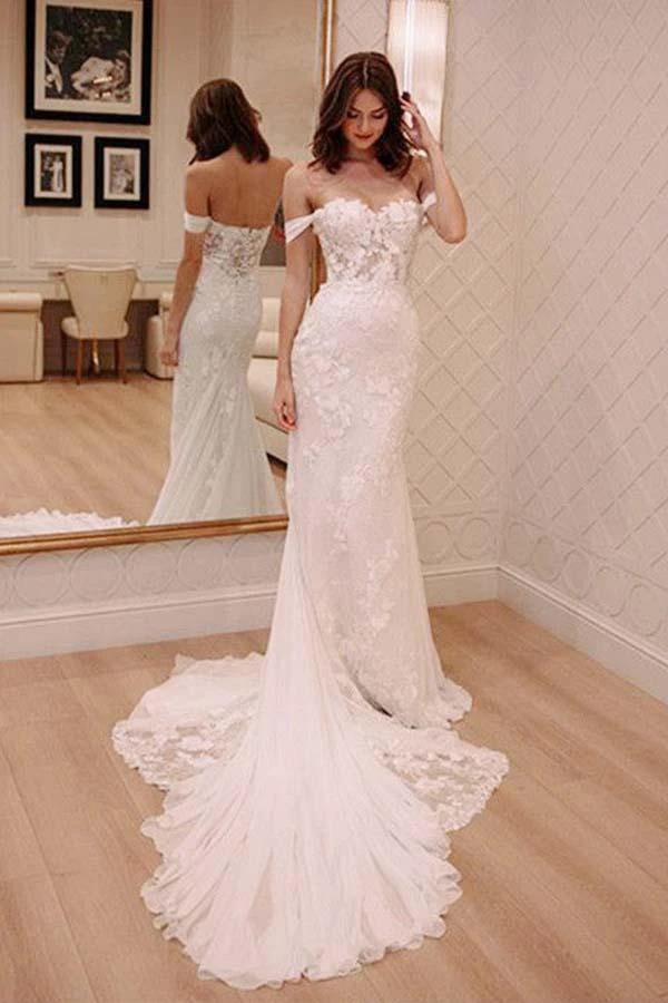 Off Shoulder Court Train Chiffon Wedding Dress with Lace Appliques (ZD16351)
