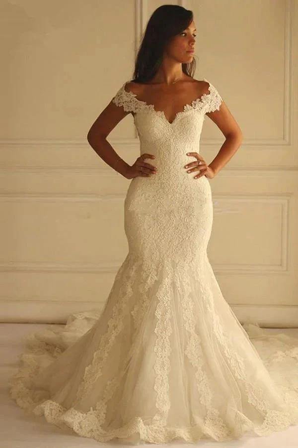 Off Shoulder Court Train Short Sleeves Mermaid Lace Wedding Dress (ZD16054)
