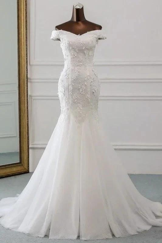 Off Shoulder Lace-up Applique Pretty Mermaid Elegant Wedding Dresses (ZD14718) - VelvetHem
