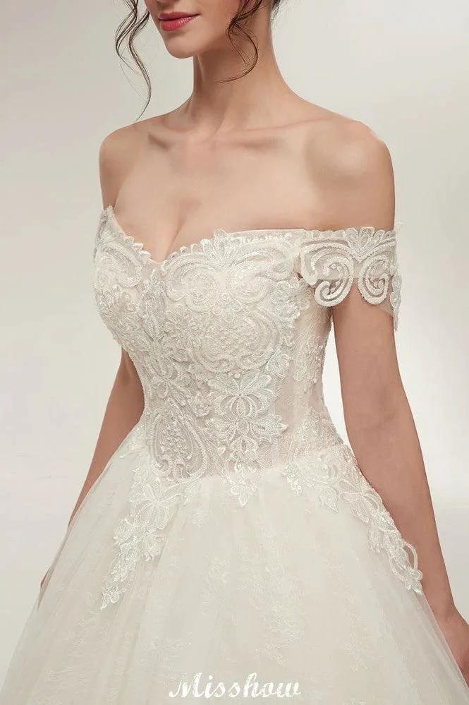 Off-shoulder Sweetheart A-line Lace-up Floor Length Lace Appliques Wedding Dresses (ZD13952)