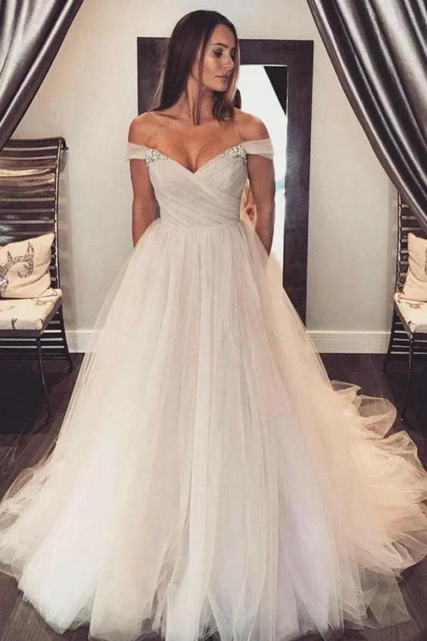 Off Shoulder Tulle Sleeves Blush Wedding Dress Colorful Bridal Dress (ZD15373)