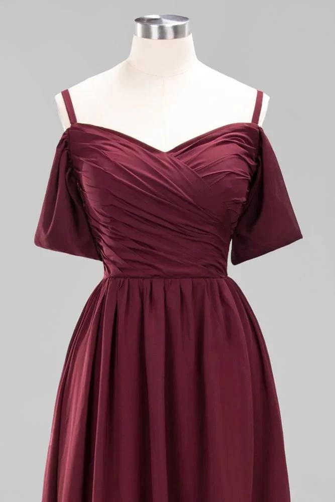 Off-the-Shoulder A-line Chiffon Bridesmaid Dress Floor-Length Wedding Guest Dress (ZD13091)