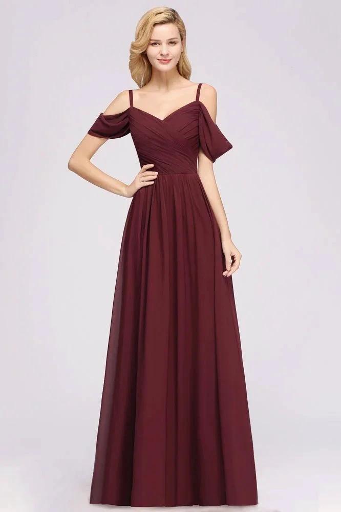 Off-the-Shoulder A-line Chiffon Bridesmaid Dress Floor-Length Wedding Guest Dress (ZD13091) - VelvetHem