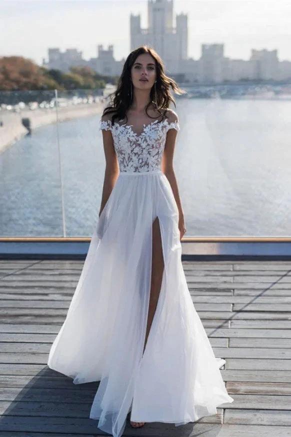 Off The Shoulder Appliques A-line Wedding Dresses | Side Split Tulle Bridal Gowns (ZD16438)