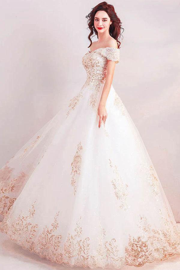 Off the Shoulder Ball Gown Long Wedding Dress with Gold Appliques (ZD15361)