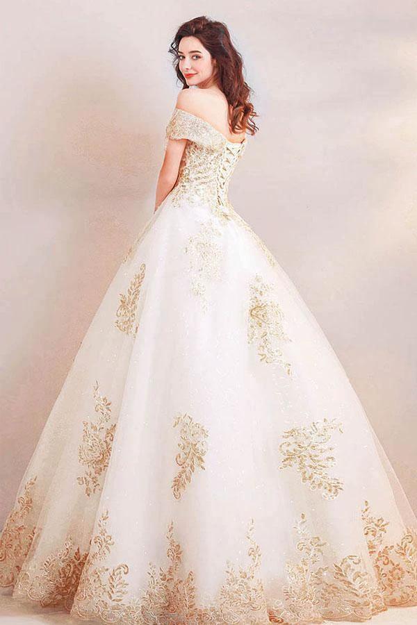 Off the Shoulder Ball Gown Long Wedding Dress with Gold Appliques (ZD15361)