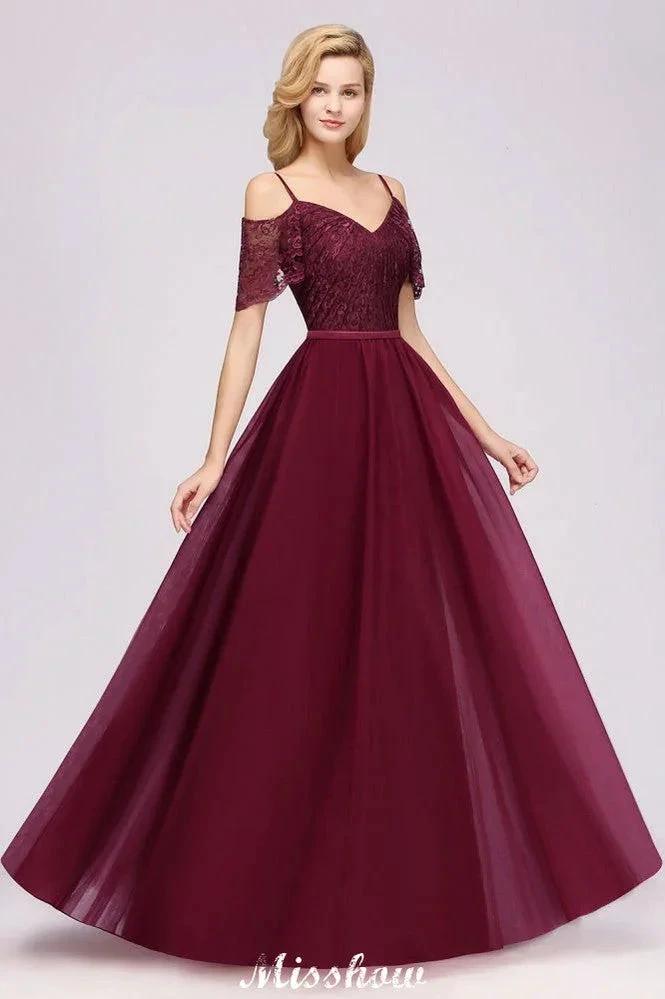Off the Shoulder Burgundy Aline Bridesmaid Dress Floor Length Tulle Evening Maxi Gown (ZD12914)