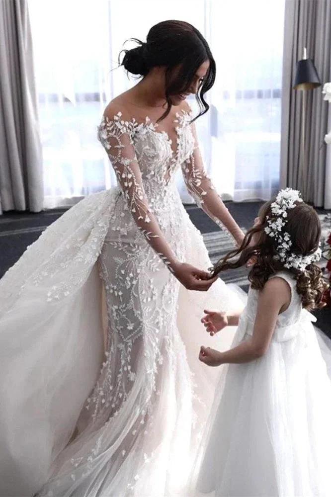 Off-the-Shoulder Deep V-Neck Wedding Dress with Overskirt (ZD16595)