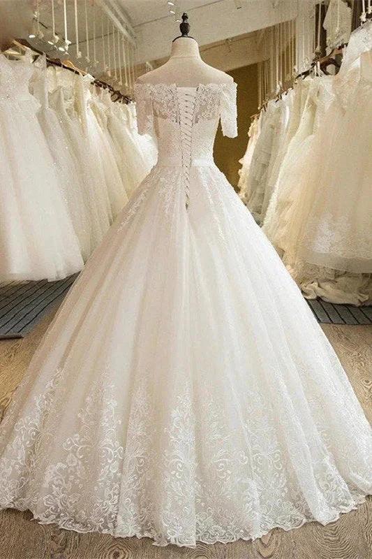 Off-the-Shoulder Lace Tulle 1/2 Sleeves Wedding Dress (ZD13888)