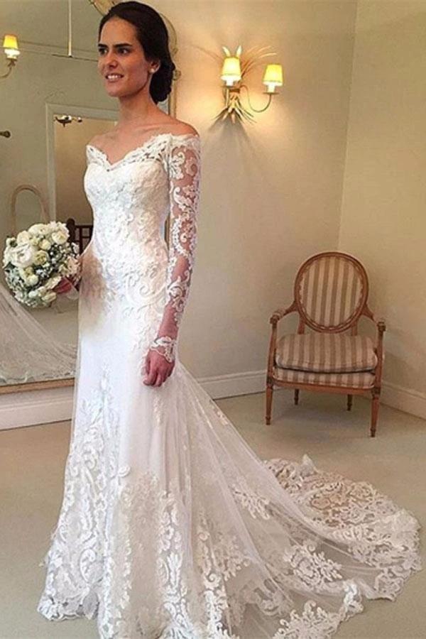 Off the Shoulder Long Sleeves Lace Wedding Dress Bridal Gown (ZD16053)