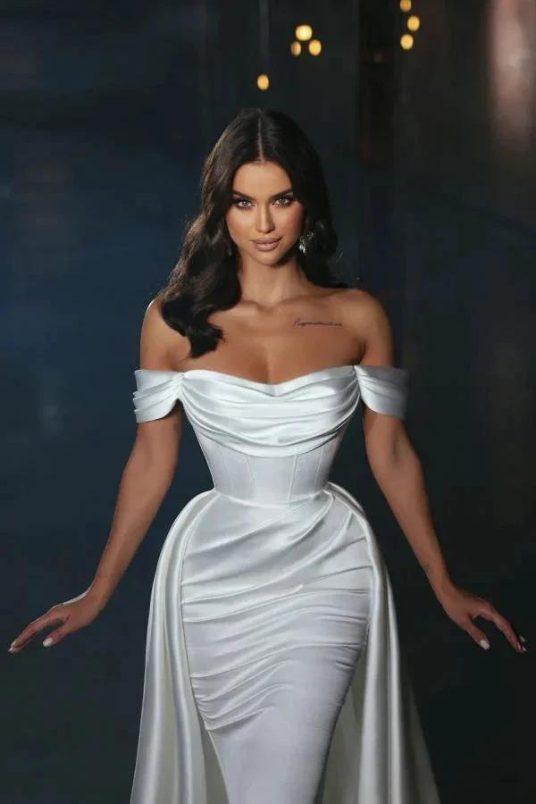 White Long Off-the-Shoulder Satin Mermaid Wedding Dress (ZD14478)