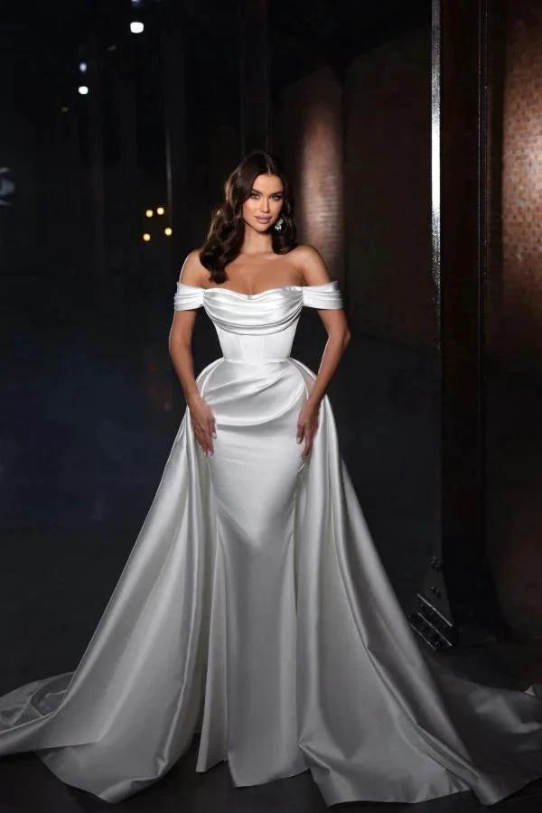 White Long Off-the-Shoulder Satin Mermaid Wedding Dress (ZD14478)
