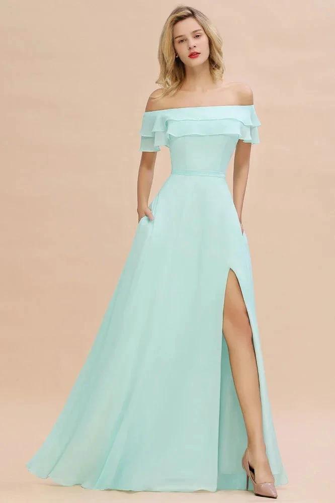 Off the Shoulder Mini-Green Front Slit Bridesmaid Dress Aline Beach Wedding Dress (ZD12961)