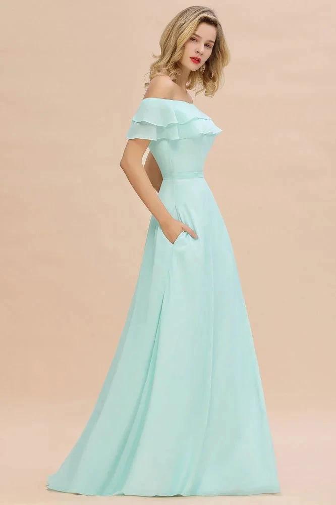 Off the Shoulder Mini-Green Front Slit Bridesmaid Dress Aline Beach Wedding Dress (ZD12961)