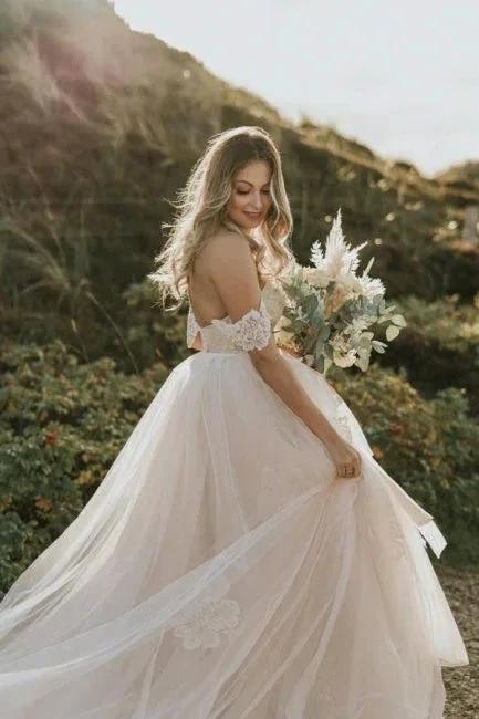 Off-the-Shoulder Simple Wedding Dress Tulle Lace Aline Beach Wedding Dress (ZD14756)