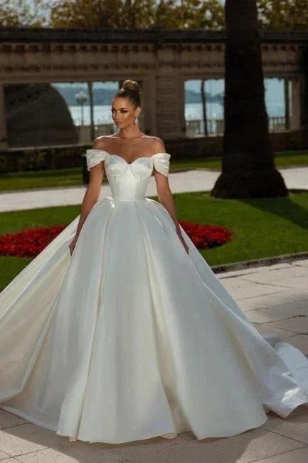 Off-the-Shoulder Sweetheart Ball Gown Satin Sleeveless Garden Bridal Dress (ZD14760) - VelvetHem