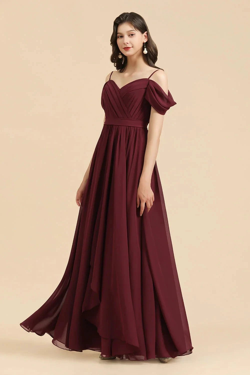 Off-the-Shoulder Sweetheart Burgundy Long Bridesmaid Dress With Slit (ZD12872)