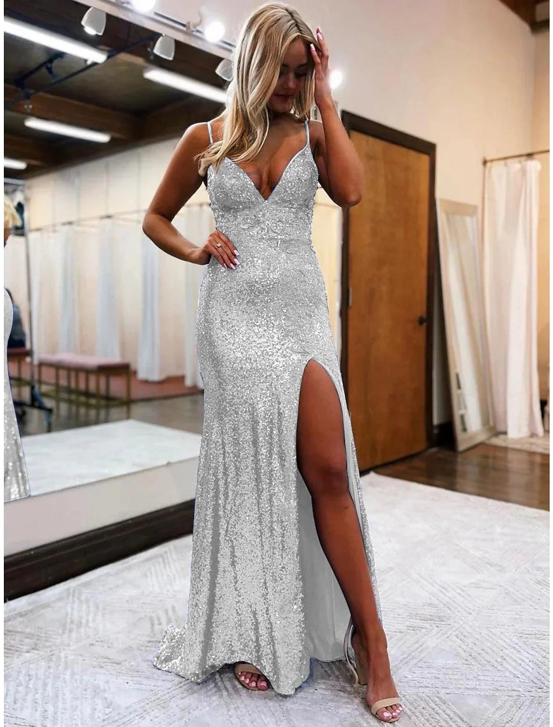 Mermaid Trumpet Prom Dresses Sparkle Shine Dress Formal Wedding Party Sweep Brush Train Sleeveless V Neck Sequined Backless with Glitter Sequin