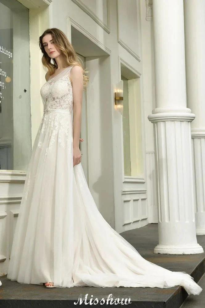 One Shoulder Aline Tulle Wedding Dress Sleeveless Spring Beach Bridal Gown (ZD13967)