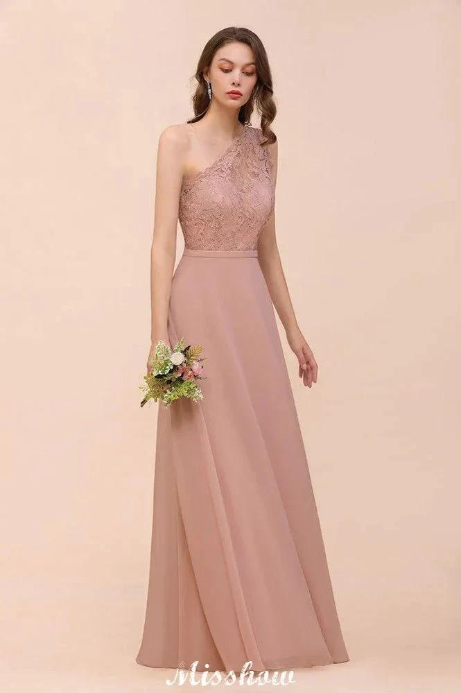 One Shoulder Chiffon Bridesmaid Dress Dusty Pink Wedding Guest Dress for Bride (ZD12946)