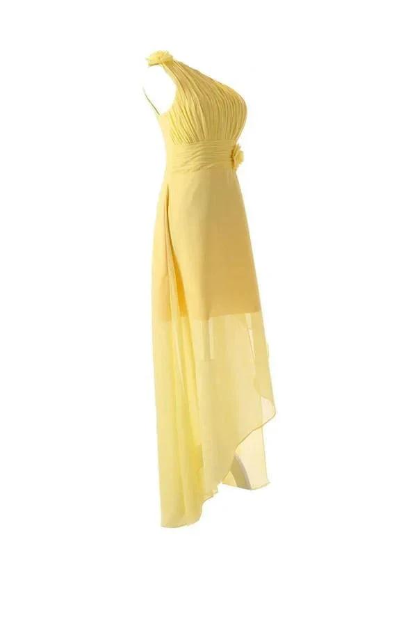 One Shoulder Floor Length Chiffon Yellow Bridesmaid Dress With Flower (ZD13194)