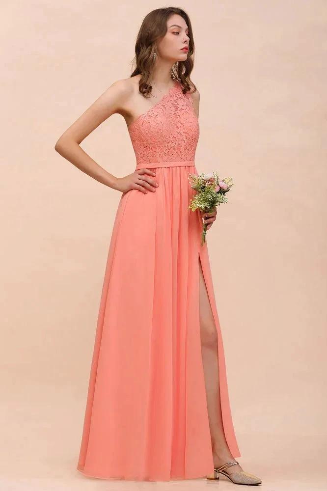 One Shoulder Floral Bridesmaid Dress Side Split Formal Wedding Guest Dress with Pocket (ZD12998)