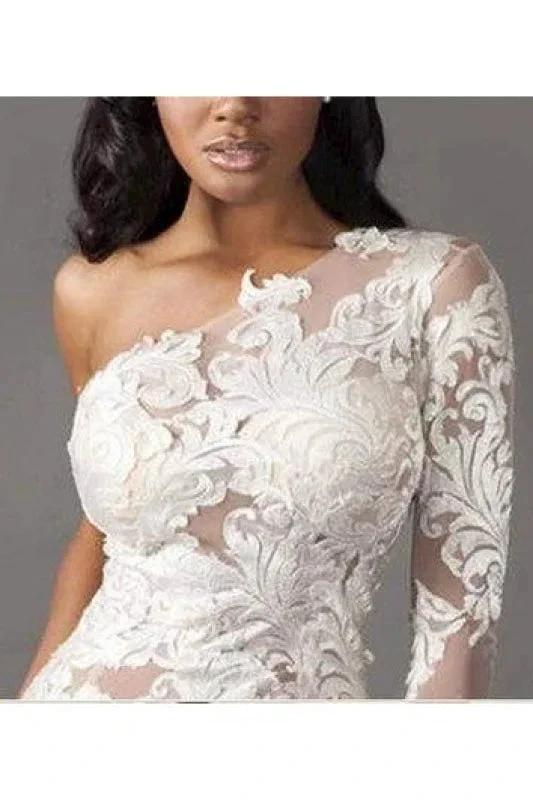 One Shoulder Long Sleeve Tulle Lace Pretty Mermaid Elegant Wedding Dresses (ZD14717)